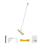 Full view of a long-handle aluminum landscape rake with yellow foam roller and scattered assembly hardware on white background.