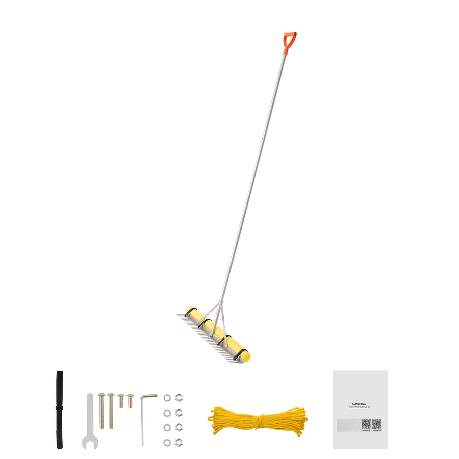 Full view of a long-handle aluminum landscape rake with yellow foam roller and scattered assembly hardware on white background.