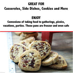 Promotional text above a close-up photo of cookies on a wooden surface, shown with messaging about casserole and oven safety.