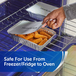 Aluminum food tray with mozzarella sticks in an oven, a hand lifting an oven-safe folded lid labeled on top