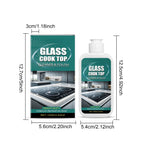 Bottle and matching box of Glass Cook Top cleaner with dimensional measurement callouts on white background