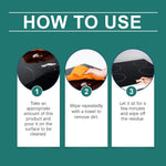How to use panel with three circular images and step instructions for applying, wiping, and letting residue sit