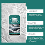 Product bottle shown over textured water background with labeled callouts for surfactant, emulsifier, stabilizer