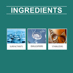 Teal ingredients panel showing surfactants, emulsifiers, and stabilizers with illustrative liquid photographs