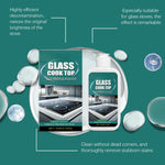 Box and bottle of Glass Cook Top cleaner centered on teal background with surrounding bubbles and short benefit callouts