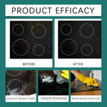 Product efficacy layout showing before-and-after cooktop photos and three panels for dissolve grease, polishing, and scratch repair