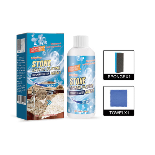 Bottle and box of Alvantor Stone Crystal Plating agent with sponge and blue microfiber towel shown on white background