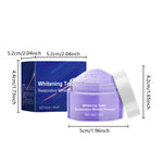 Lavender dental powder in a clear jar with lid leaning to the side and measurements annotated around jar and box