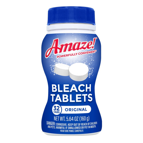 Blue plastic bottle labeled Amaze! bleach tablets with two white tablet illustrations and blue cap