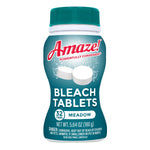 Teal-capped Amaze! bottle front showing two white bleach tablets and label reading “Bleach Tablets” and “32 tabs Meadow.”