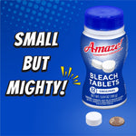 blue bottle of amaze bleach tablets labeled original with a tablet and a penny beside it and the text small but mighty