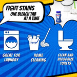 Graphic panel with comic-style icons for laundry, home cleaning and toilets and small Amaze! bleach tablets bottle