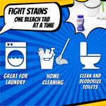 Blue graphic panel showing uses for Amaze! bleach tablets with icons for laundry, mopping and toilets