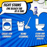 Blue infographic listing uses with icons for laundry, home cleaning and toilets plus headline “Fight Stains One Bleach Tab At A Time.”