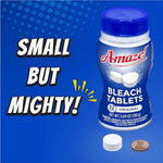 Promotional graphic with an Amaze! bleach tablets bottle, a tablet and a penny next to bold text “SMALL BUT MIGHTY!” on blue background.