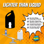 Orange infographic comparing a small Amaze! bleach tablet bottle to a large bleach jug with benefit checkmarks