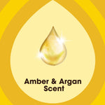 Graphic drop of oil with sparkles above bold text reading Amber & Argan Scent on a yellow teardrop background.