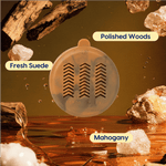 Stylized product image of amber leather vent diffuser surrounded by scent notes labeled polished woods, fresh suede, mahogany