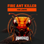 Graphic poster-style Amdro ant head artwork with 'Fire Ant Killer for Lawns' headline and logo