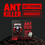 Promotional panel featuring Amdro bait station package on soil with bold red text reading Ant Killer and starts working immediately