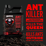 Close-up promotional image of Amdro Ant Killer jug on soil with large red text stating ant killer kills the queen and kills ants outside