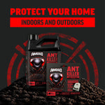 Promotional graphic with Amdro Ant Killer jug and bait station pack over textured soil and bold text reading Protect Your Home