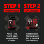 Step-by-step instructional graphic showing Amdro jug for outdoors and Amdro bait stations for indoors with application text