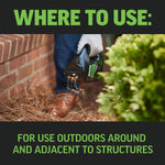 Lifestyle image showing gloved hand applying granules from an Amdro spreader near foundation mulch and shrubs