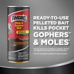 Amdro Mole & Gopher bait canister at left with bold white text at right describing 'ready-to-use pelleted bait' and target pests.