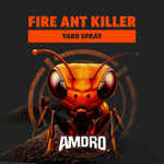 Close-up graphic of an orange ant head with AMDRO logo and ‘Fire Ant Killer Yard Spray’ text on dark background.