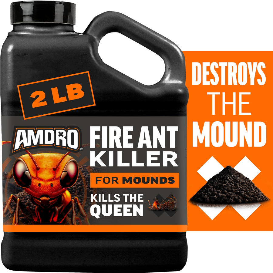 Black jug of Amdro Fire Ant Killer with orange ant illustration and callouts reading “2 LB” and “Destroys the mound”