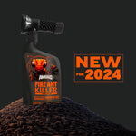 Amdro Fire Ant Killer bottle perched on an ant mound with ‘New for 2024’ badge on a dark background.