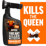Amdro Fire Ant Killer trigger-spray bottle with large orange ‘Kills the Queen’ graphic on an orange background.