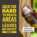 Hand holding AMDRO Quick Kill foam spraying a fine red applicator straw onto a crevice, with text about reaching hard-to-reach areas.