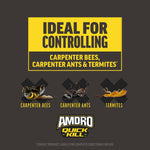 Informational panel stating the product is ideal for controlling carpenter bees, carpenter ants and termites with small insect illustrations.