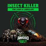 Stylized illustration of three insects (ant, spider, roach) over soil with Amdro Quick Kill branding and headline text