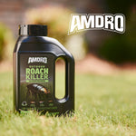 Amdro product jug placed on grass with blurred yard background and large AMDRO wordmark in top right