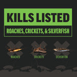 Graphic panel reading ‘Kills Listed’ with images of a roach, cricket and silverfish labeled below on dark background
