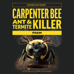 Bold typographic label artwork for AMDRO Quick Kill reading “Carpenter Bee Ant & Termite Killer” with a dramatic close-up bee illustration.
