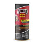 Tall red Amdro Mole & Gopher bait canister showing product label, soil cross-section and net weight at bottom.