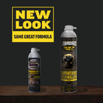 Graphic announcing a new look with two AMDRO Quick Kill foam cans, one showing the old label and one the updated label on a dark backdrop.