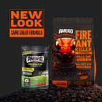 Packaging comparison graphic showing new Amdro Fire Ant Killer 5 lb bag alongside older package and 'New Look' label