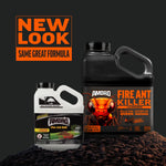 Promotional image showing two Amdro product jugs side by side with a “New Look Same Great Formula” badge over a mound graphic