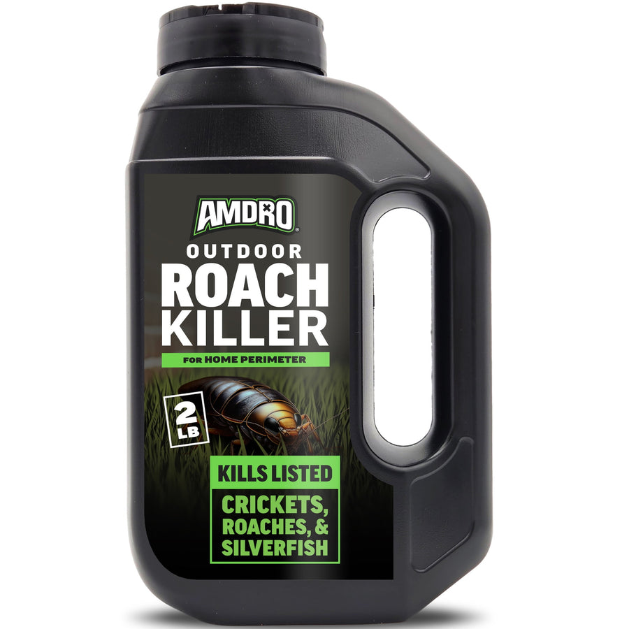 Product shot of a black Amdro Outdoor Roach Killer container showing label, handle and 2 lb badge on white background