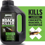 Close-up of a black Amdro Outdoor Roach Killer jug with green label and insect graphic against a green background