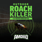 Promotional graphic reading ‘Outdoor Roach Killer for Home Perimeter’ with a roach illustration and Amdro logo
