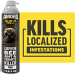 A can of AMDRO Quick Kill foam shows a close-up bee graphic beside bold text reading “Kills localized infestations.”