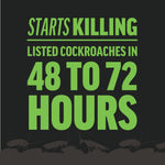 Bold typographic graphic stating ‘Starts Killing listed cockroaches in 48 to 72 hours’ on dark background