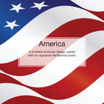 Graphic American flag background with text 'America' and description referencing a Vanillaroma scent.