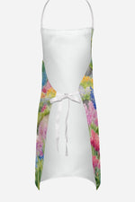 Back view of an apron with white center and colorful spring garden print visible on the sides